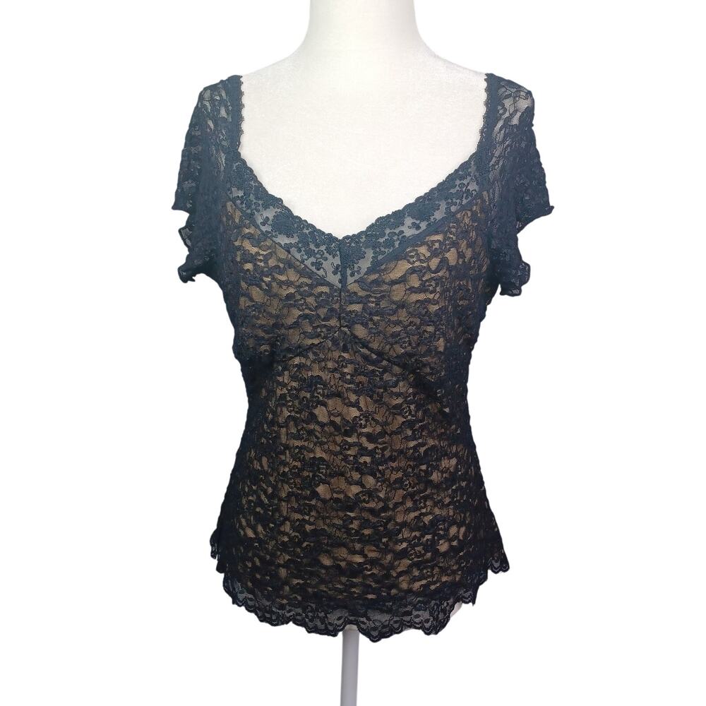Vintage Y2K Tapemeasure Babydoll Top Women L Black Lace Sexy Gothic Dark‎ Fairy